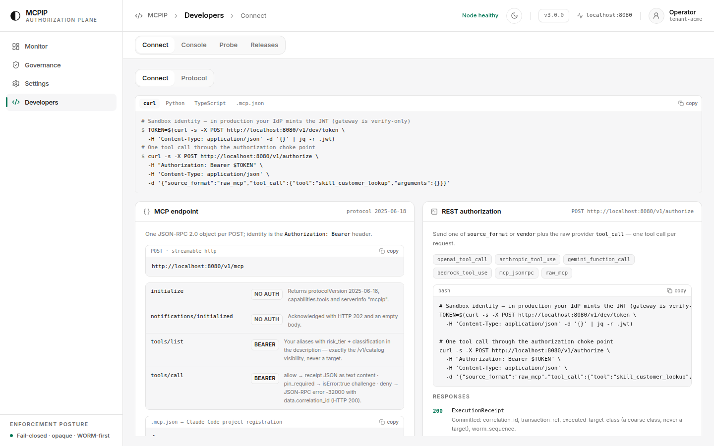 The Developers view showing the Authorize Probe and copy-ready SDK and CLI snippets.