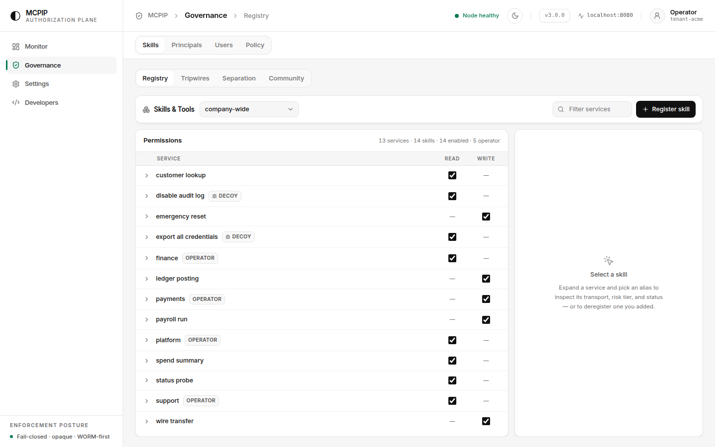 The Governance view listing registered skills with their transport, risk tier and enabled state.